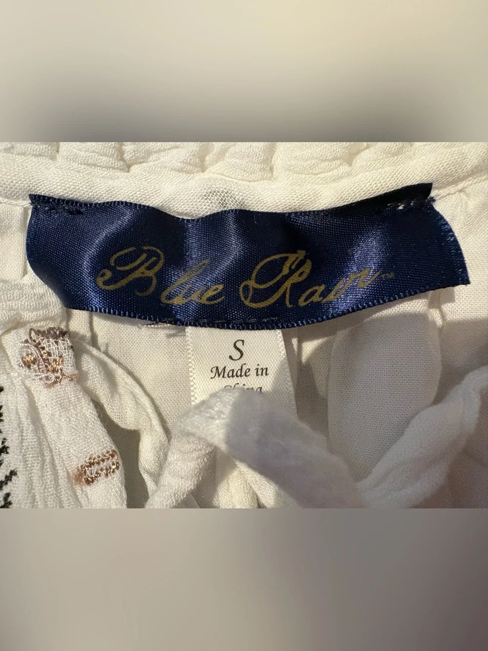 Blue Rain White Dress with Black and Tan Embroidered Print